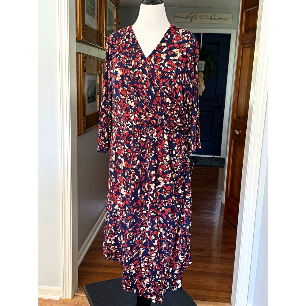 Maggy London Plus 20W Navy Rust Floral Wrap Dress Long Sleeve Midi NWT